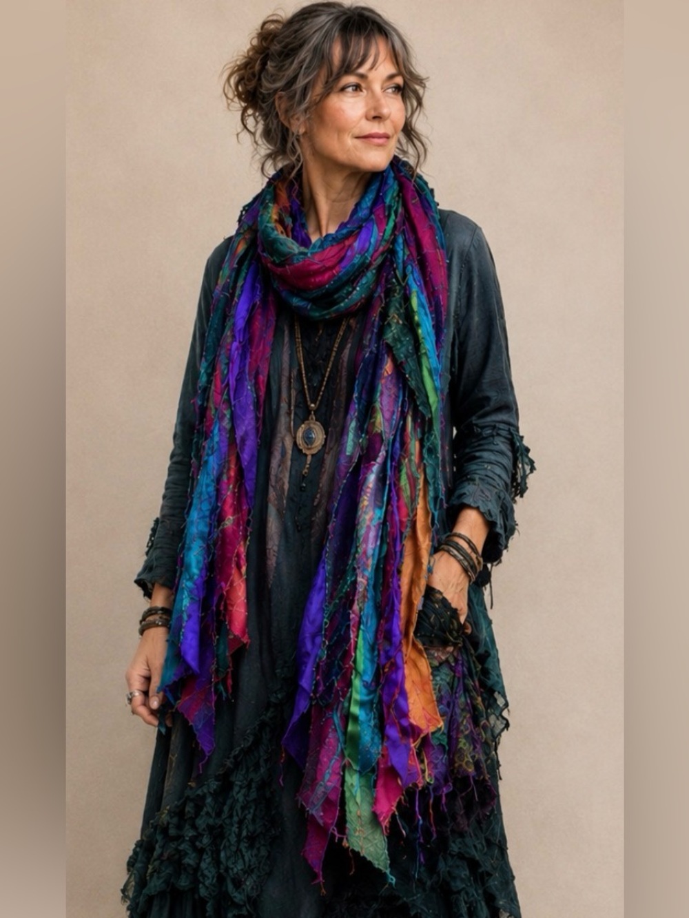 Vibrant colors Artisan Frayed Boho Lagenlook Scarf, Art-to-wear, OS